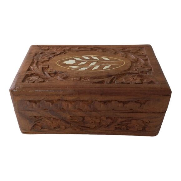 Hand Carved Wood Trinket Box Inlaid MOP Abalone Jewelry Vintage Hinged Bohemian. - Picture 11 of 15